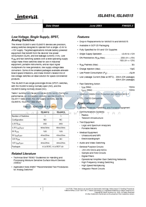 ISL84514IB-T datasheet - Low-Voltage, Single Supply, SPST, Analog Switches