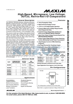 MAX992ESA datasheet - High-Speed, Micropower, Low-Voltage, SOT23, Rail-to-Rail I/O Comparators