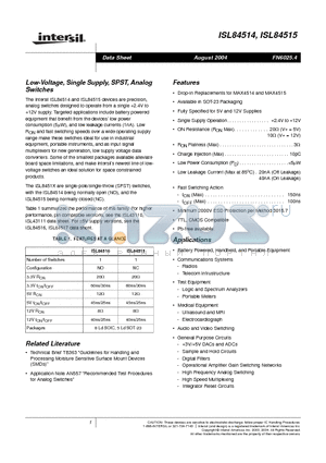 ISL84514IHZ-T datasheet - Low-Voltage, Single Supply, SPST, Analog Switches