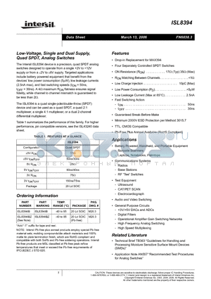 ISL8394 datasheet - Low-Voltage, Single and Dual Supply, Quad SPDT, Analog Switches