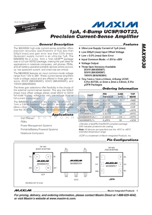 MAX9938FEUK+ datasheet - 1lA, 4-Bump UCSP/SOT23, Precision Current-Sense Amplifier