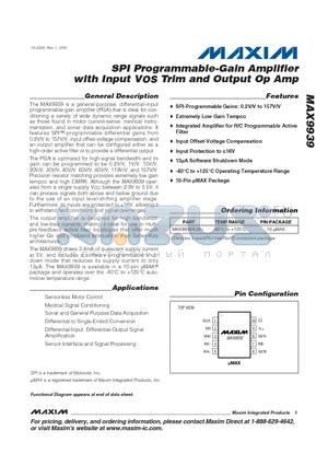 MAX9939 datasheet - SPI Programmable-Gain Amplifier with Input VOS Trim and Output Op Amp