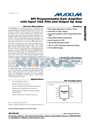 MAX9939_10 datasheet - SPI Programmable-Gain Amplifier with Input VOS Trim and Output Op Amp