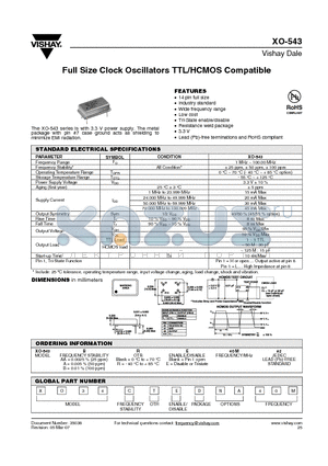 XO-543 datasheet - Full Size Clock Oscillators TTL/HCMOS Compatible