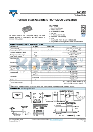 XO-543 datasheet - Full Size Clock Oscillators TTL/HCMOS Compatible