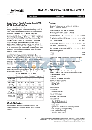 ISL84541 datasheet - Low-Voltage, Single Supply, Dual SPST, SPDT Analog Switches