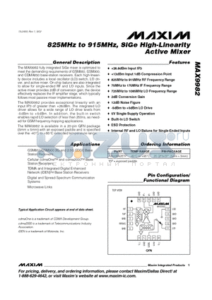 MAX9982ETP datasheet - 825MHz to 915MHz, SiGe High-Linearity Active Mixer