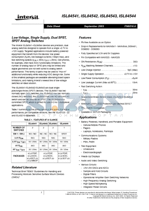 ISL84541IUZ-T datasheet - Low-Voltage, Single Supply, Dual SPST, SPDT Analog Switches