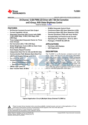 TLC5951DAP datasheet - 24-Channel, 12-Bit PWM LED Driver with 7-Bit Dot Correction and 3-Group, 8-Bit Global Brightness Control