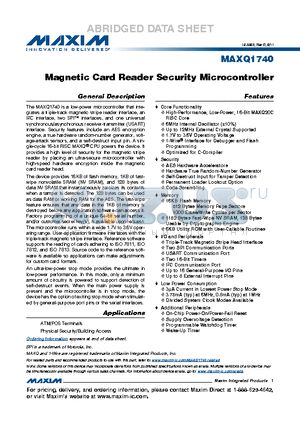 MAXQ1740-FBX datasheet - Magnetic Card Reader Security Microcontroller Optimized for C-Compiler
