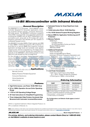 MAXQ610A-0000+ datasheet - 16-Bit Microcontroller with Infrared Module