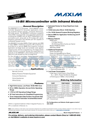 MAXQ610B-0000+ datasheet - 16-Bit Microcontroller with Infrared Module