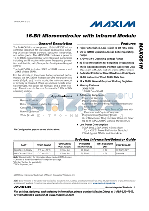 MAXQ61HA-0000+ datasheet - 16-BIt Microcontroller with Infrared Module