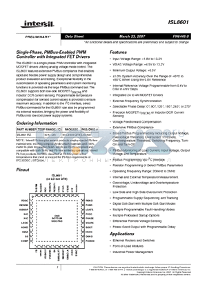 ISL8601 datasheet - Single-Phase, PMBus-Enabled PWM Controller with Integrated FET Drivers