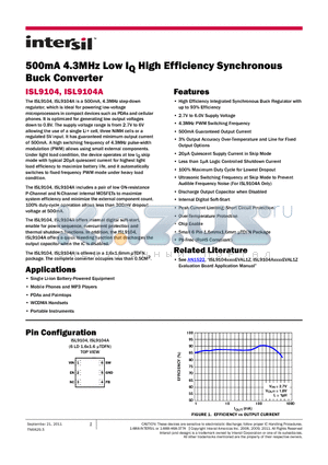 ISL9104AIRUJZ-T datasheet - 500mA 4.3MHz Low IQ High Efficiency Synchronous