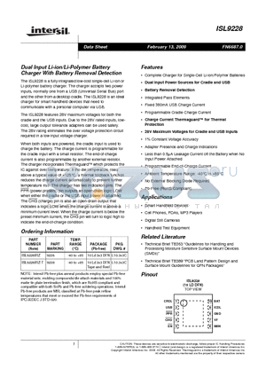 ISL9228IRZ-T datasheet - Dual Input Li-ion/Li-Polymer Battery Charger With Battery Removal Detection