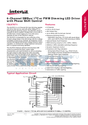 ISL97671 datasheet - 6-Channel SMBus/I2C or PWM Dimming LED Driver with Phase Shift Control