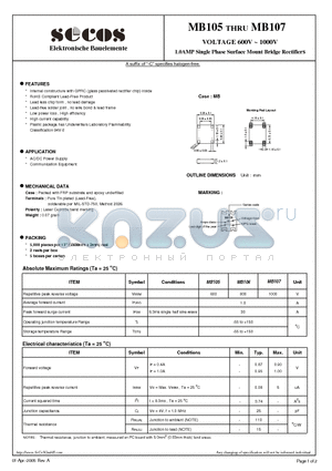 MB107 datasheet - 1.0AMP Single Phase Surface Mount Bridge Rectifiers