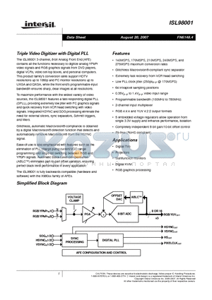 ISL98001 datasheet - Triple Video Digitizer with Digital PLL