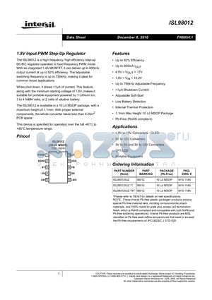 ISL98012IUZ-T datasheet - 1.8V Input PWM Step-Up Regulator