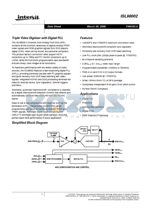 ISL98002CRZ-140 datasheet - Triple Video Digitizer with Digital PLL