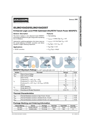 ISL9N310AD3 datasheet - N-Channel Logic Level PWM Optimized UltraFET Trench Power MOSFETs