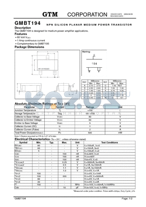 GMBT194 datasheet - NPN SILICON PLANAR MEDIUM POWER TRANSISTOR