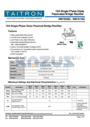 MB154G datasheet - 15A Single-Phase Glass Passivated Bridge Rectifier