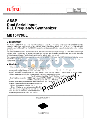 MB15F76UL datasheet - ASSP Dual Serial Input PLL Frequency Synthesizer