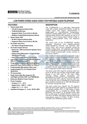 TLV320AIC32 datasheet - LOW POWER STEREO AUDIO CODEC FOR PORTABLE AUDIO/TELEPHONY