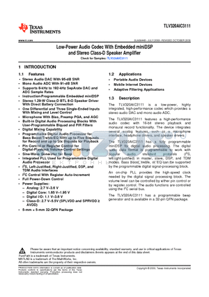 TLV320AIC3111 datasheet - Low-Power Audio Codec With Embedded miniDSP and Stereo Class-D Speaker Amplifier