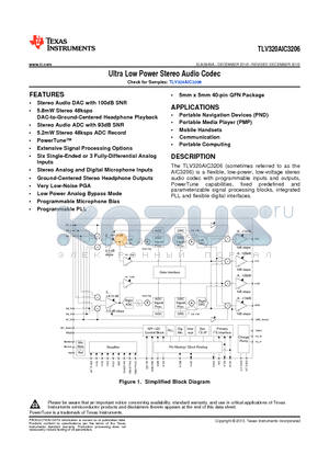 TLV320AIC3206 datasheet - Ultra Low Power Stereo Audio Codec