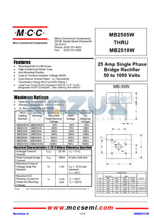 MB2510W-BP datasheet - 25 Amp Single Phase Bridge Rectifier 50 to 1000 Volts