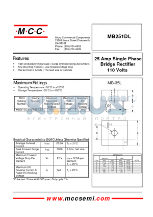 MB251DL datasheet - 25 Amp Single Phase Bridge Rectifier 110 Volts