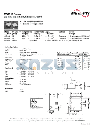 XO5019 datasheet - 2x2 inch, 12.0 Volt, CMOS/Sinewave, OCXO