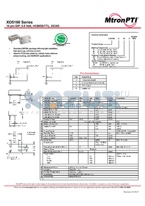 XO5160BV6 datasheet - 14 pin DIP, 5.0 Volt, HCMOS/TTL, OCXO