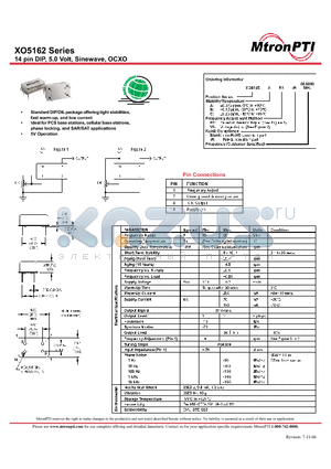 XO5162CV5 datasheet - 14 pin DIP, 5.0 Volt, Sinewave, OCXO