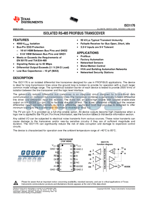 ISO1176DWR datasheet - ISOLATED RS-485 PROFIBUS TRANSCEIVER