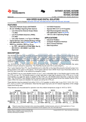 ISO7240CDWRG4 datasheet - HIGH SPEED QUAD DIGITAL ISOLATORS