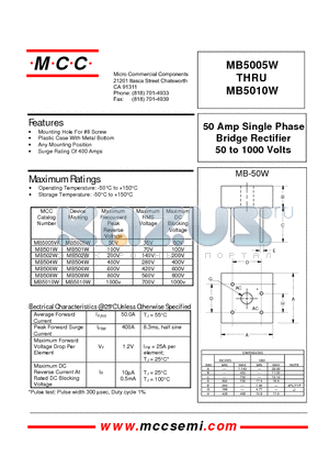 MB502W datasheet - 50 Amp Single Phase Bridge Rectifier 50 to 1000 Volts