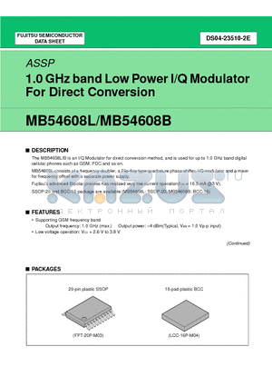 MB54608LPFV datasheet - 1.0 GHz band Low Power I/Q Modulator For Direct Conversion