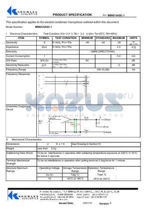 MB6015ASC-1 datasheet - Electrical Characteristics Test Condition (Vs= 2 . 0 V, RL= 2 . 2 k ohm, Ta=20`C, RH=65%)