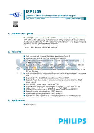 ISP1109BS datasheet - Universal Serial Bus transceiver with carkit support