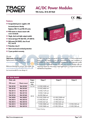 TML20105 datasheet - AC/DC Power Modules