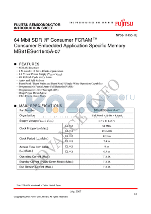 MB81ES641645A-07 datasheet - 64 Mbit SDR I/F Consumer FCRAM Consumer Embedded Application Specific Memory