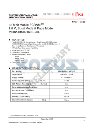 MB82DBS02163E-70L datasheet - 32 Mbit Mobile FCRAM 1.8 V, Burst Mode & Page Mode