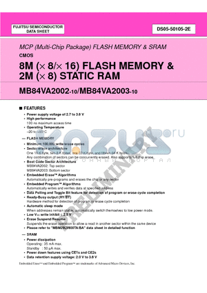MB84VA2002-10 datasheet - 8M (x 8/x 16) FLASH MEMORY & 2M (x 8) STATIC RAM