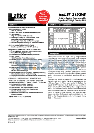 ISPLSI2192VE100LB144 datasheet - 3.3V In-System Programmable SuperFAST High Density PLD
