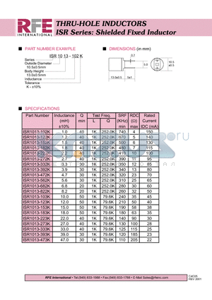 ISR1013-392K datasheet - THRU-HOLE INDUCTORS ISR Series: Shielded Fixed Inductor