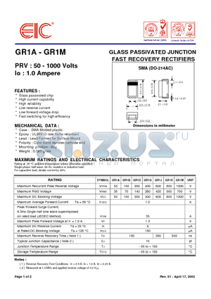 GR1M datasheet - GLASS PASSIVATED JUNCTION FAST RECOVERY RECTIFIERS
